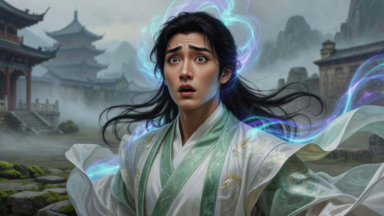 Cinematic frame produced in Adung Studio Book: young swordsman in white and jade robes reacting in a misty mountain courtyard