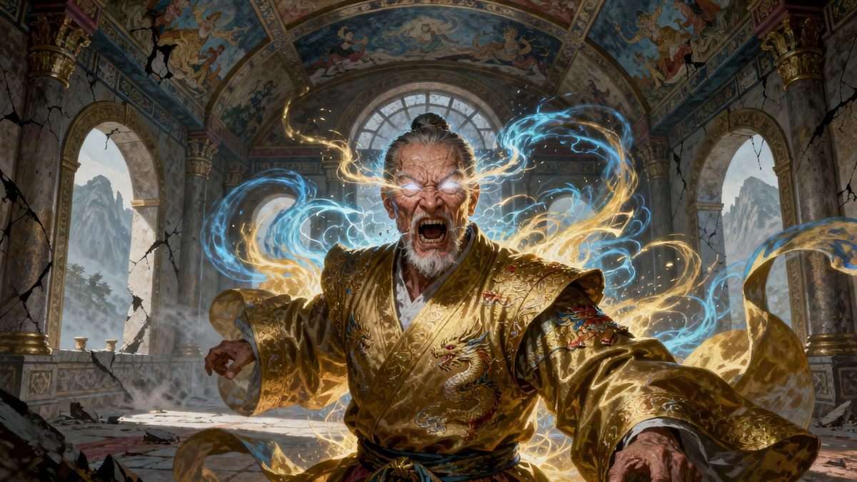 Scene frame produced inside Adung Studio Book: elderly master in golden robes surrounded by blue and gold energy in a marble hall